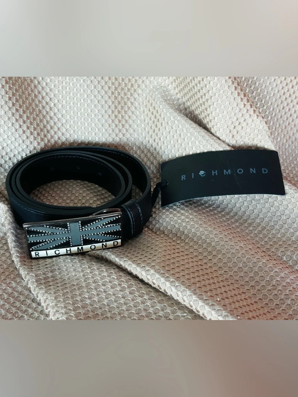 NWT- Richmond Black Leather Belt with Studded Union Jack Buckle